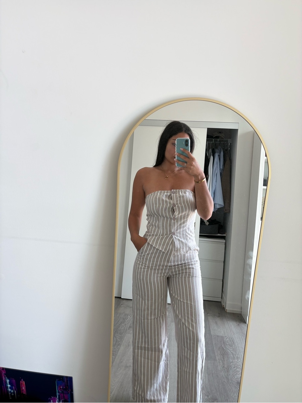 Striped Strapless Wide-Leg and top in Beige